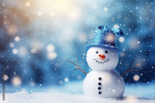 Happy smiling snowman on blurred snowy background with falling snowflakes. Christmas composition with copy space. Winter holidays concept © Lazy_Bear