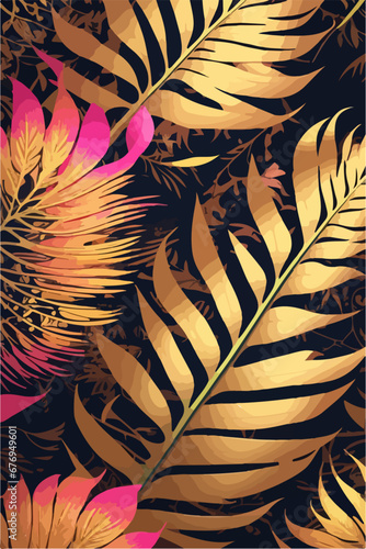 Seamless Monstera Leaves Pattern with Golden Leaf Decor in Pink and Golden