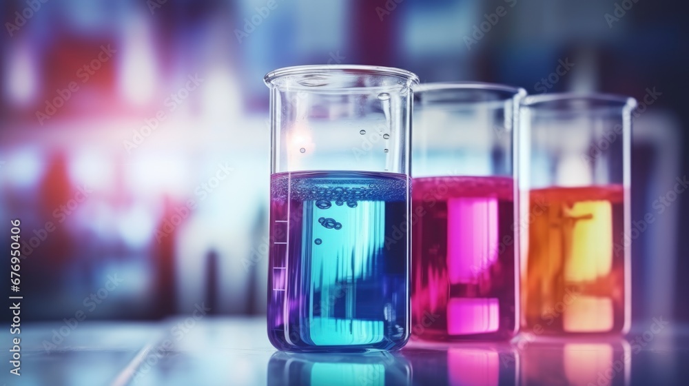Glass reactor vessels in a chemical laboratory filled with colourful liquid. Science or medical background Glass reactor vessels in a chemical laboratory filled with colourful liquid. Science or medical background