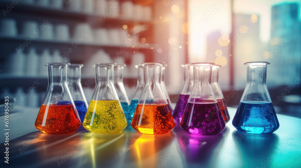 Glass reactor vessels in a chemical laboratory filled with colourful liquid. Science or medical background Glass reactor vessels in a chemical laboratory filled with colourful liquid. Science or medical background