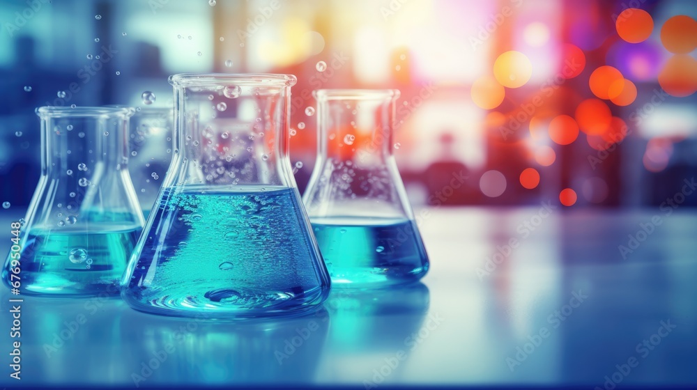 Glass reactor vessels in a chemical laboratory filled with colourful liquid. Science or medical background Glass reactor vessels in a chemical laboratory filled with colourful liquid. Science or medical background