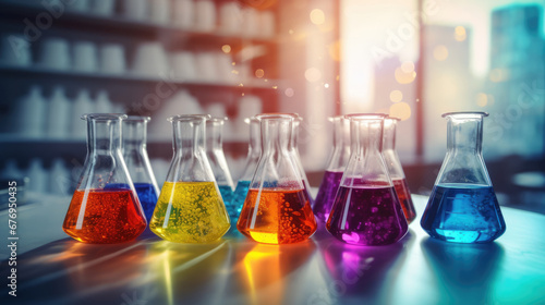 Glass reactor vessels in a chemical laboratory filled with colourful liquid. Science or medical background