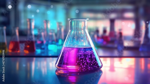 Glass reactor vessels in a chemical laboratory filled with colourful liquid. Science or medical background