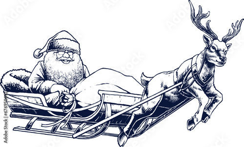 santa claus with flying reindeer line art vector for coloring