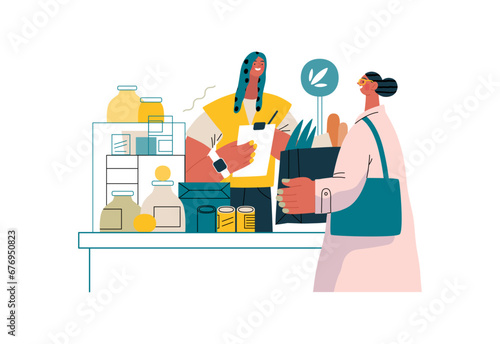 Mutual Support: Bringing groceries to food bank -modern flat vector concept illustration of people donating food to food pantry A metaphor of voluntary, collaborative exchanges of resource, services