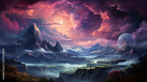 Surreal landscape with towering mountains under a celestial sky