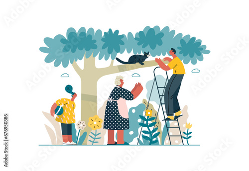 Mutual Support: Rescue cat from tree -modern flat vector concept illustration of elderly woman and man on a ladder under the tree Metaphor of voluntary, collaborative exchanges of resource, services
