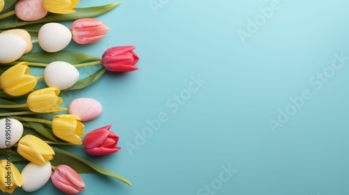 Corner floral arrangement of pink and yellow tulips on a blue backdrop