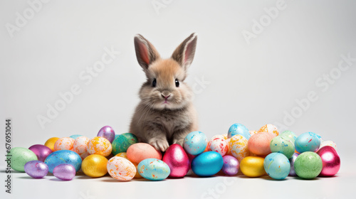 Cute bunny with a vibrant array of painted Easter eggs © Liana