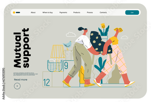 Mutual Support: Assistance with Moving -modern flat vector concept illustration of women collaboratively moving household items A metaphor of voluntary, collaborative exchanges of resource, services