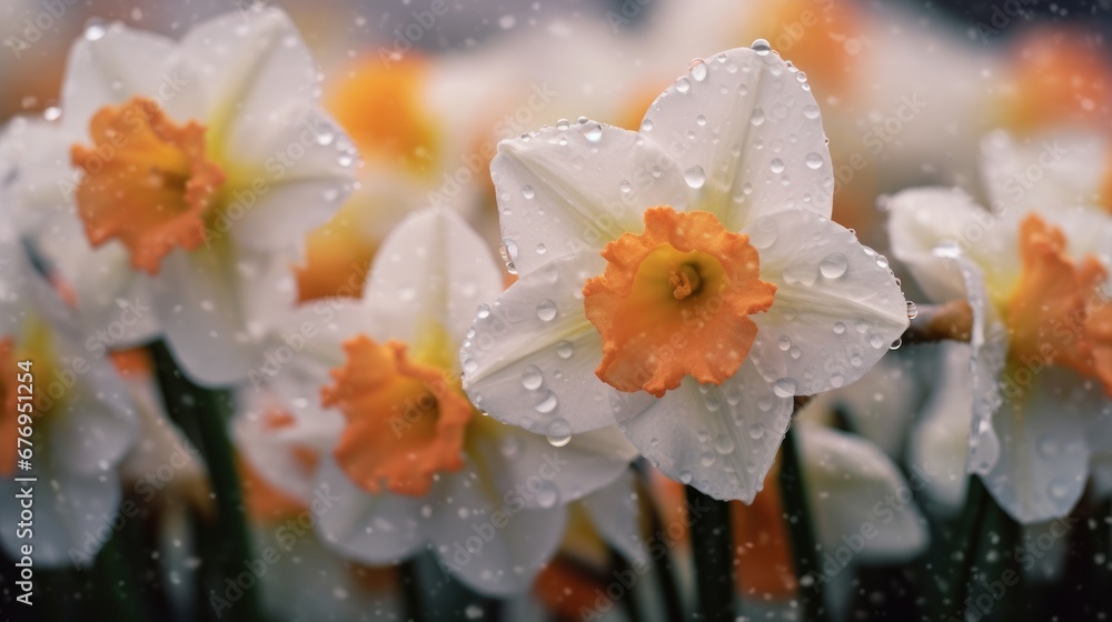 White daffodils with water drops on their petals. Mother's day concept with a space for a text. Valentine day concept with a copy space.