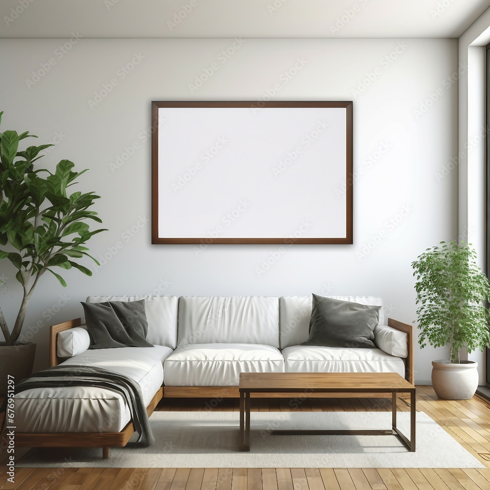 Poster mockup, poster in the room, frame on the wall, modern living room with sofa Poster mockup, poster in the room, frame on the wall, modern living room with sofa