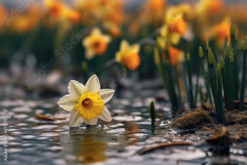 Beautiful daffodils in the spring garden. Nature background. Mother's day concept with a space for a text. Valentine day concept with a copy space.