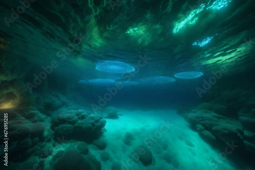 An underwater cavern with bioluminescent bubbles and mysterious, dark waves.