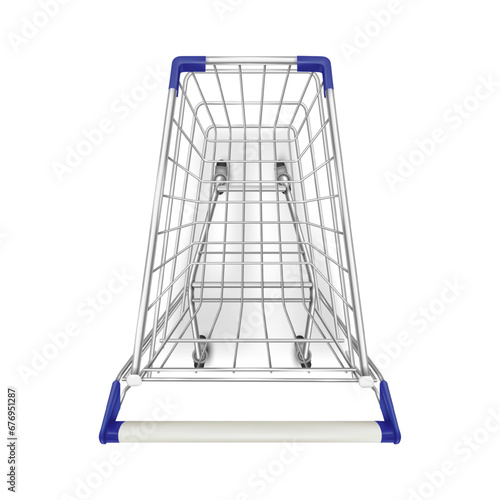Supermarket trolley top. Photo realistic shop trolly cart above view, empty shopping metal basket wheels carting purchases, grocery market equipment, 3d tidy vector illustration