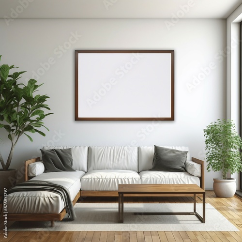 Poster mockup, poster in the room, frame on the wall, modern living room with sofa