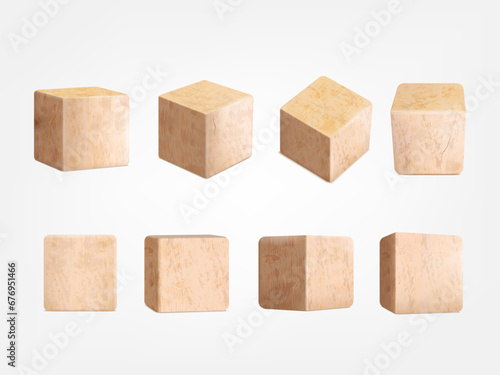 Realistic wooden blocks. 3d wood cube block with timber surface for baby game, school child tower build games alphabet education, wooden cubes square brick tidy vector illustration