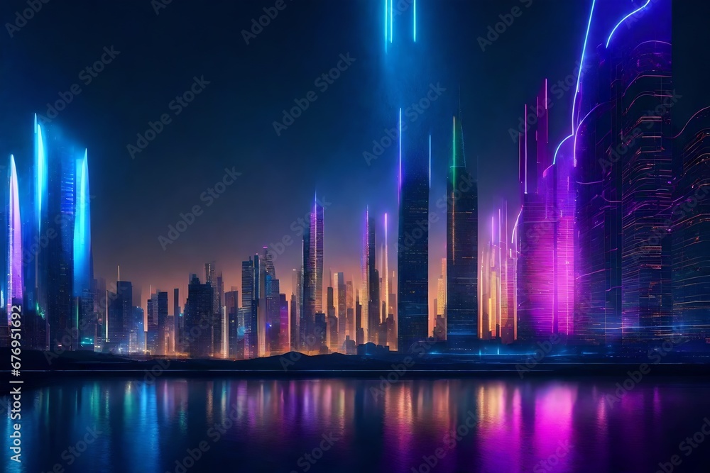 A futuristic cityscape with neon bubbles and sleek, futuristic wave patterns.