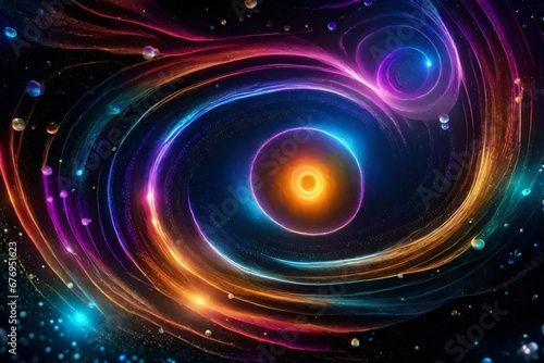 A cosmic background with bubbles in intergalactic colors and swirling waves.