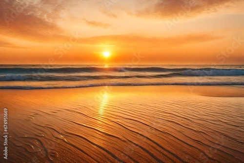 A serene beach sunset with bubbles and gentle waves in warm, orange tones. © Muhammad