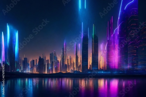 A futuristic cityscape with neon bubbles and sleek  futuristic wave patterns.