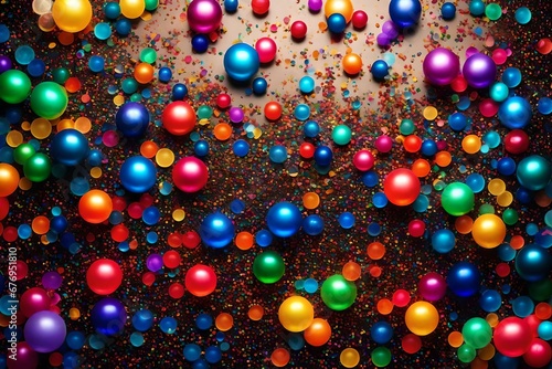 A lively party-themed background with colorful bubbles and confetti-like waves.
