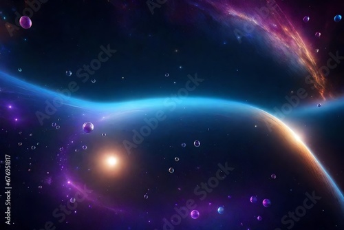 A space-themed backdrop with celestial bubbles and cosmic waves.