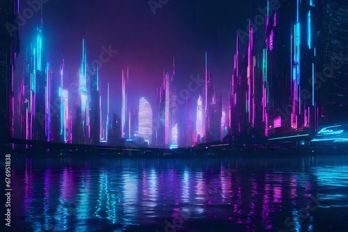 A futuristic cyberpunk cityscape with neon bubbles and glitchy wave effects.