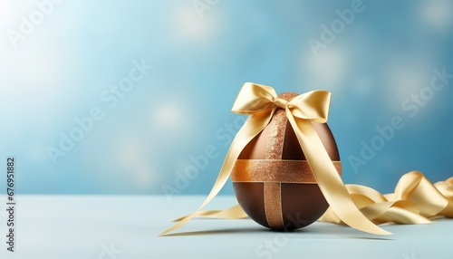 easter egg chocolate wrapped with golden ribbon bow ,blue light background , with copy space 