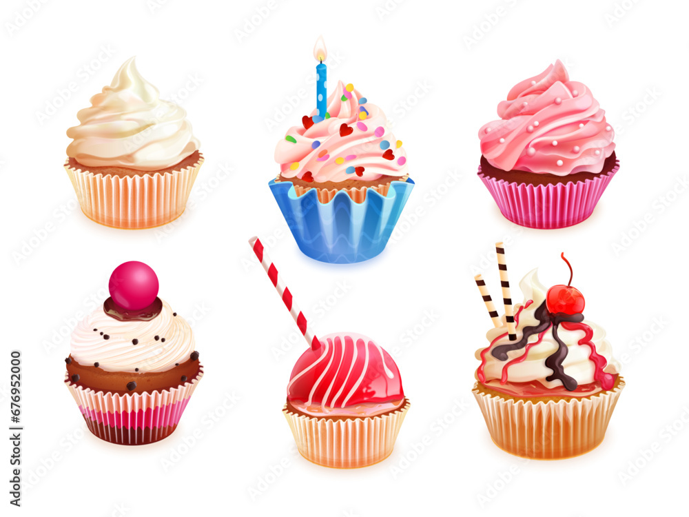 Realistic cupcakes. 3d pastry dessert, cupcake muffin with whipped cream, honey flavors homemade pastries in cup plate, cake candle for birthday holiday exact vector illustration Realistic cupcakes. 3d pastry dessert, cupcake muffin with whipped cream, honey flavors homemade pastries in cup plate, cake candle for birthday holiday exact vector illustration