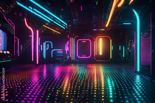 A retro arcade-inspired scene with neon bubbles and pixelated wave shapes.