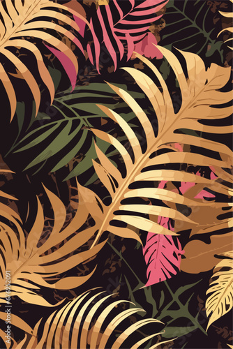 Flat 2D Vector Monstera Leaves Decoration in Pink and Golden