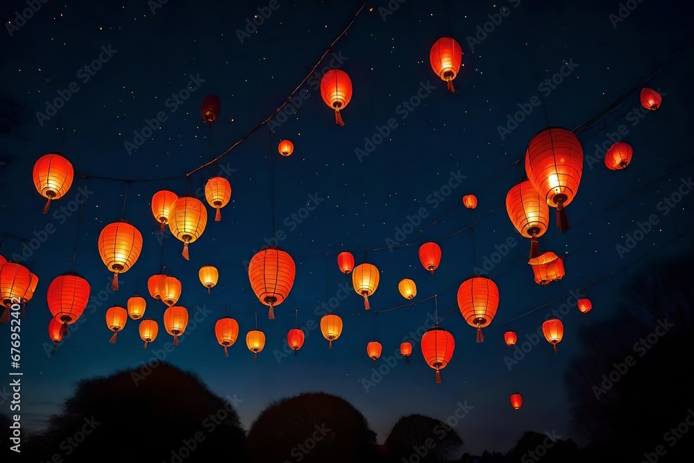 Glowing lanterns being released into the night sky. Stock Photo Adobe