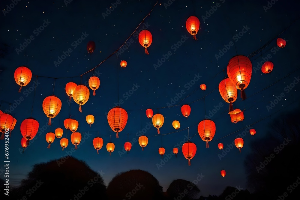 Glowing lanterns being released into the night sky.