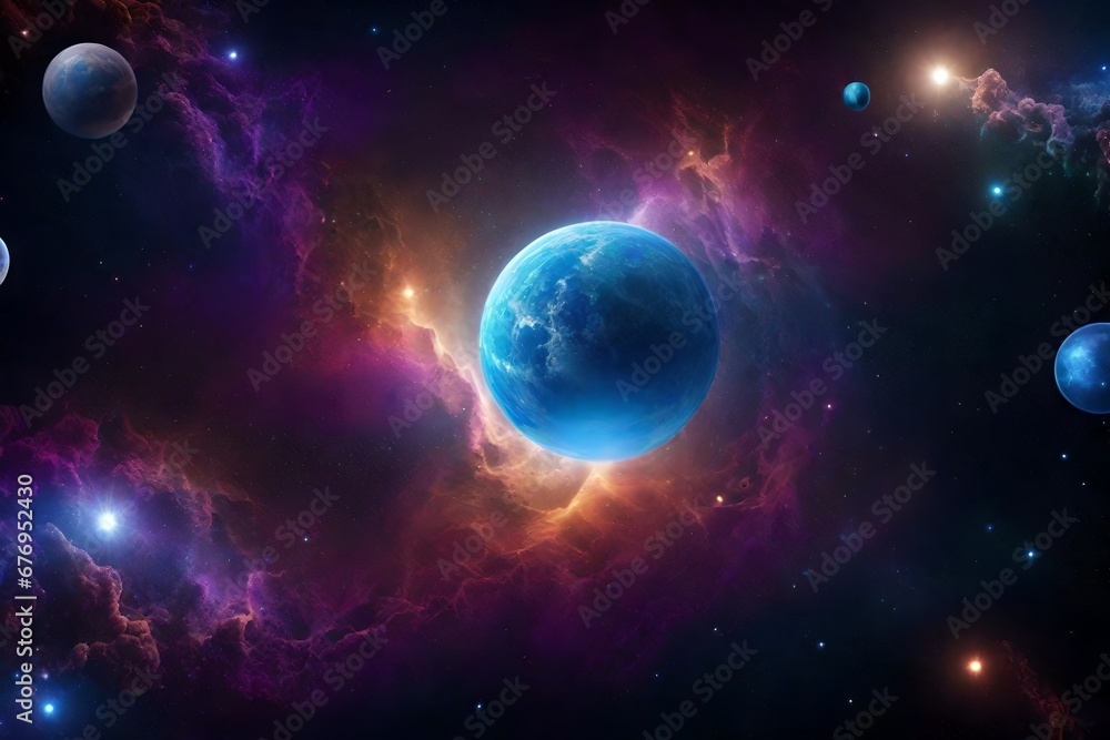 A space-themed backdrop with celestial bubbles and cosmic waves.
