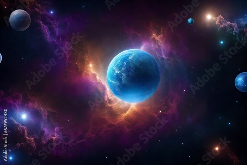 A space-themed backdrop with celestial bubbles and cosmic waves.