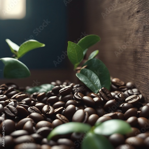 Coffee beans and green leaves.