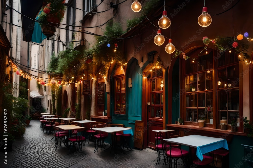 A quaint caffe in a European alleyway, adorned with a series of colorful, mismatched hanging bulbs, adding charm and character to the outdoor seating area.
