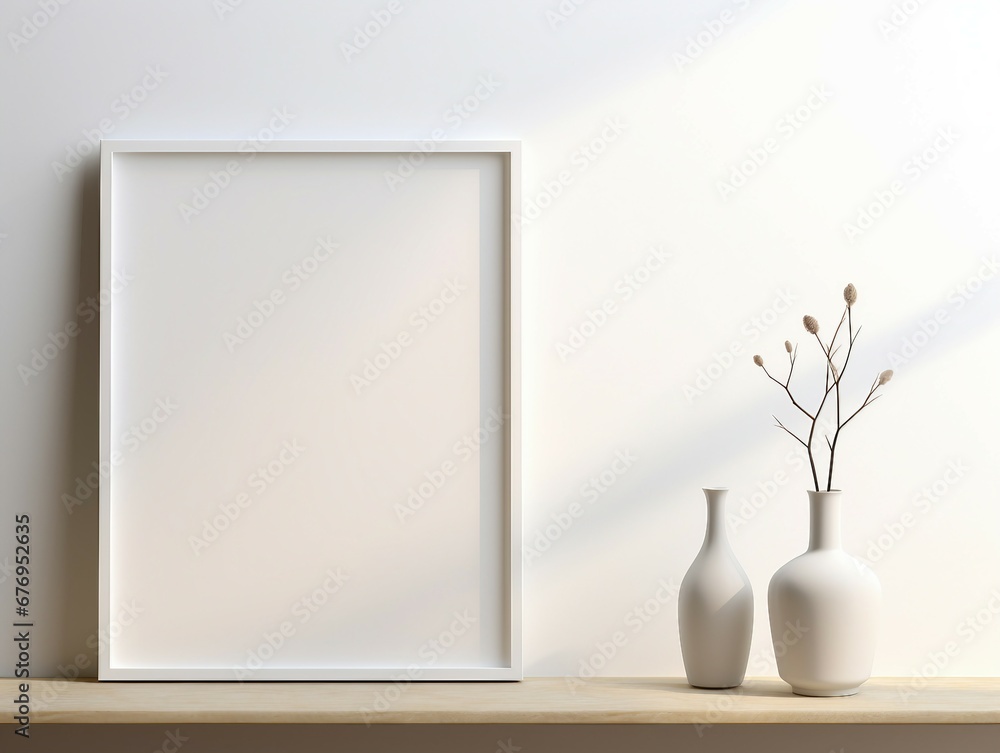A frame on the wall, a mockup of a poster, a poster in the room, white vase with flowers on the wall A frame on the wall, a mockup of a poster, a poster in the room, white vase with flowers on the wall
