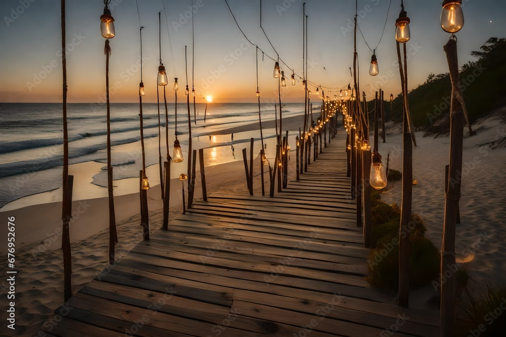 A serene beachfront resort with a row of hanging bulbs leading the way along a wooden boardwalk, guiding guests to a tranquil beach bonfire gathering.