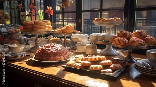A library cafe with a display of freshly baked pastries.