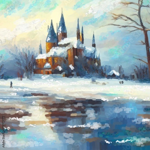 Landscape in the style of oil painting: Brown castle, a lot of snow and trees 