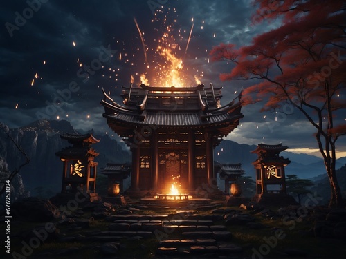 Chinese temple on the fire in the night