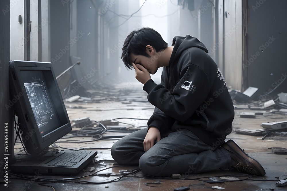 The boy sitting on the ground in his destroyed room from war and crying ...