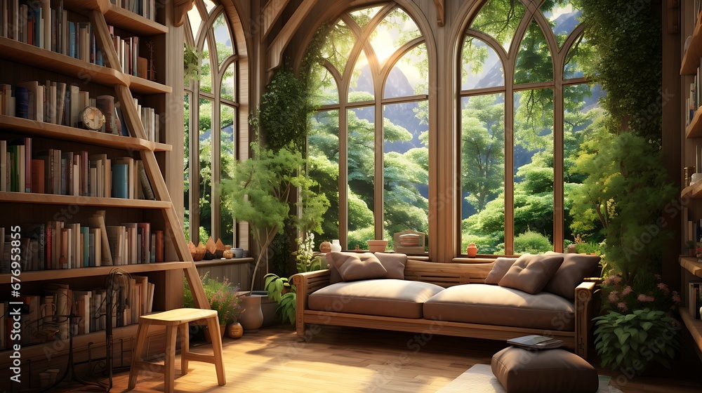 A library with a cozy reading nook overlooking a garden.