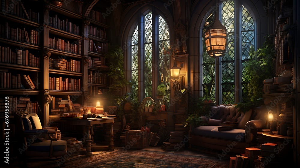 A library with a cozy corner for fantasy literature enthusiasts.