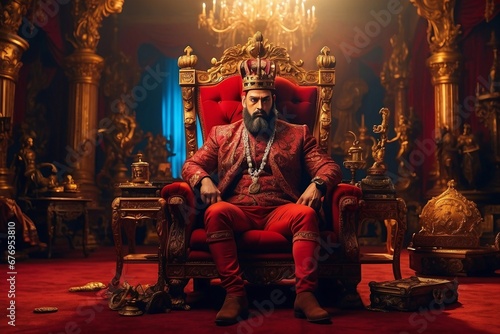King is sitting in his big chair in a royal room of the palace