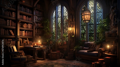 A library with a cozy corner for fantasy literature enthusiasts.