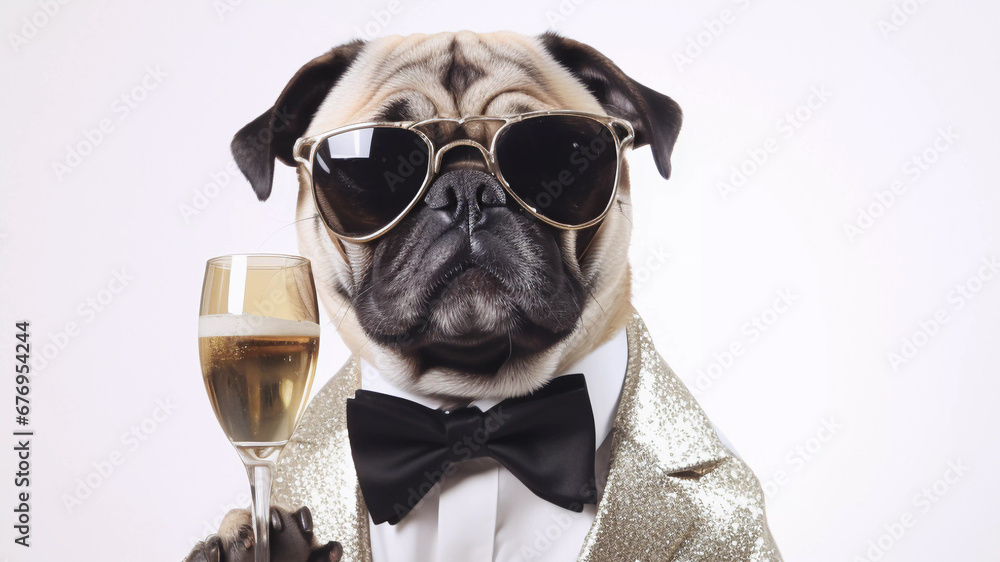 Pug in Sparkling Tuxedo with Gold Sunglasses, Celebrating the Holiday Season with Champagne – Festive Christmas and New Year's Canine Style Pug in Sparkling Tuxedo with Gold Sunglasses, Celebrating the Holiday Season with Champagne – Festive Christmas and New Year's Canine Style