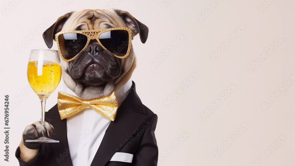 Pug in Sparkling Tuxedo with Gold Sunglasses, Celebrating the Holiday Season with Champagne – Festive Christmas and New Year's Canine Style Pug in Sparkling Tuxedo with Gold Sunglasses, Celebrating the Holiday Season with Champagne – Festive Christmas and New Year's Canine Style